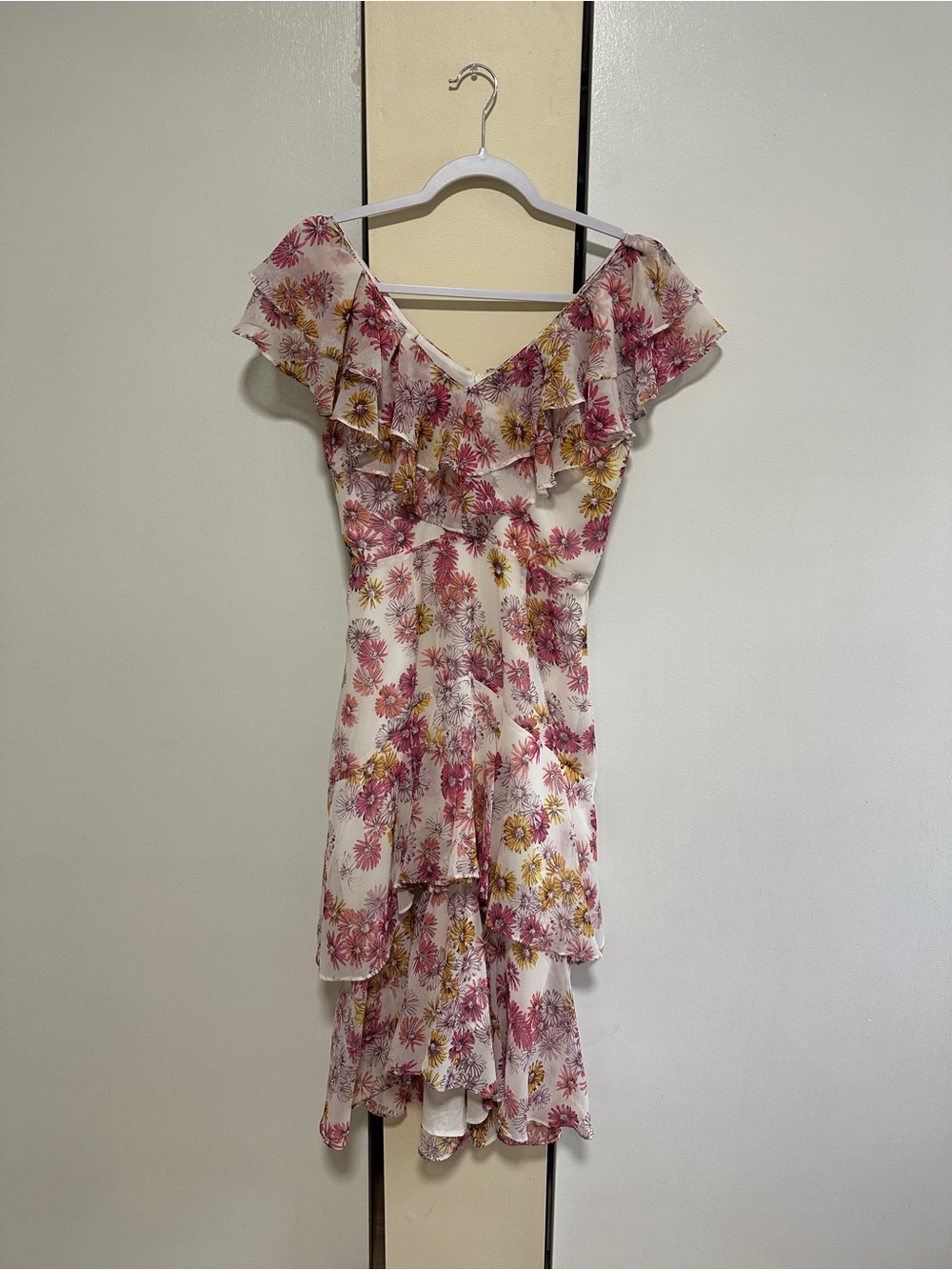 Wayf Floral One-Shoulder Ruffle Dress in Pink, Yellow and Cream